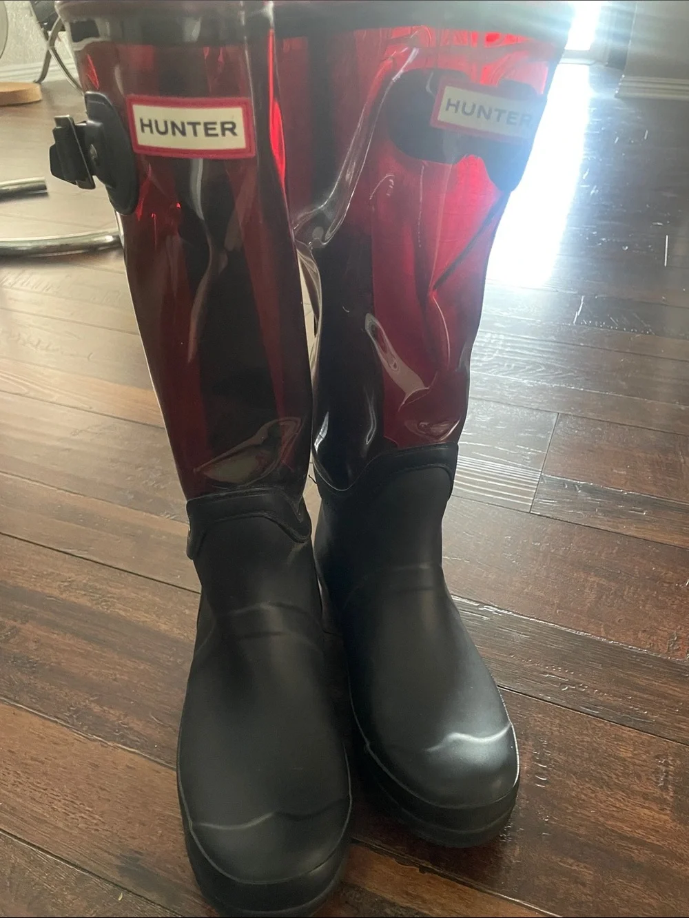 Hunter women’s  Black and Burgundy Glass Tall Rain Boots